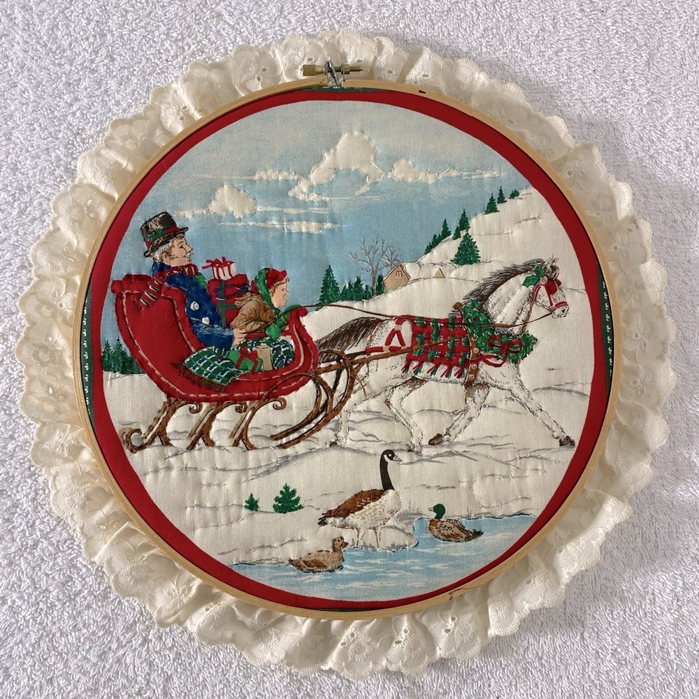 Vintage Handmade Winter Festive Embroidered Holiday Wall Art with Lace Trim